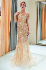 Mermaid Off-the-shoulder V-neck Floor Length Sequins Evening Dresses-showprettydress