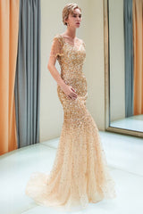 Mermaid Off-the-shoulder V-neck Floor Length Sequins Evening Dresses-showprettydress