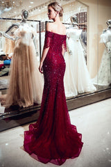 Mermaid Off-the-shoulder V-neck Floor Length Sequins Evening Dresses-showprettydress