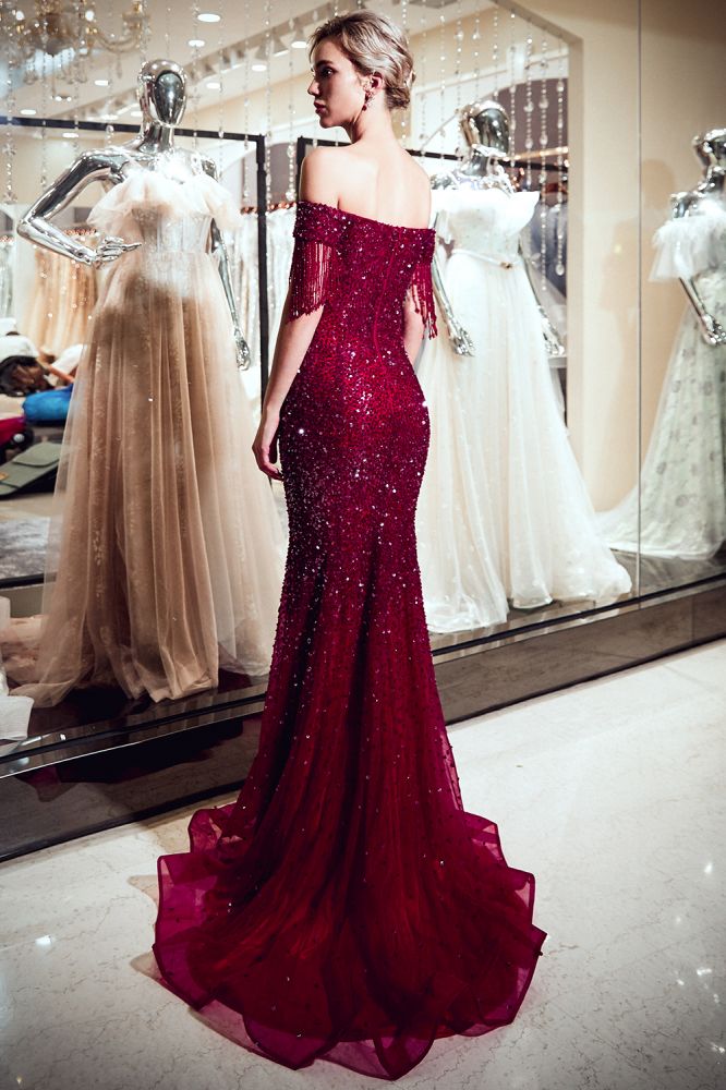 Mermaid Off-the-shoulder V-neck Floor Length Sequins Evening Dresses-showprettydress