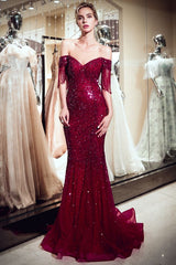 Mermaid Off-the-shoulder V-neck Floor Length Sequins Evening Dresses-showprettydress