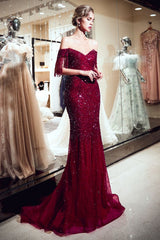 Mermaid Off-the-shoulder V-neck Floor Length Sequins Evening Dresses-showprettydress