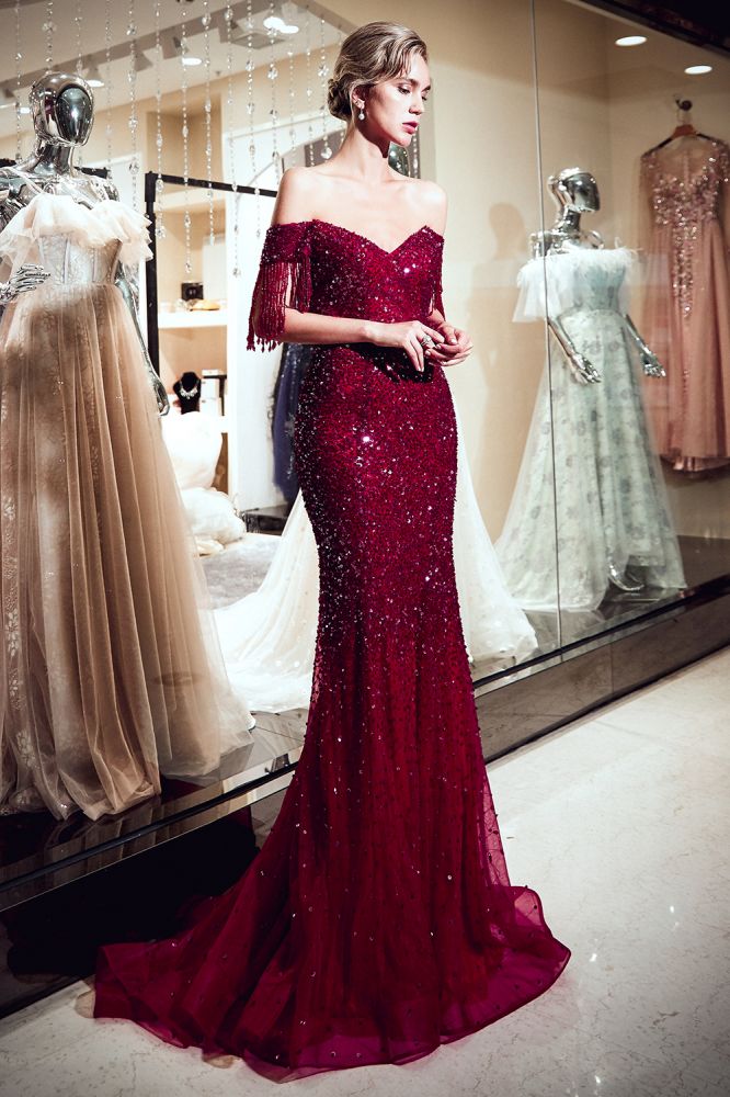 Mermaid Off-the-shoulder V-neck Floor Length Sequins Evening Dresses-showprettydress