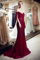 Mermaid Off-the-shoulder V-neck Floor Length Sequins Evening Dresses-showprettydress