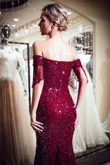 Mermaid Off-the-shoulder V-neck Floor Length Sequins Evening Dresses-showprettydress