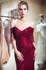 Mermaid Off-the-shoulder V-neck Floor Length Sequins Evening Dresses-showprettydress