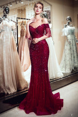 Mermaid Off-the-shoulder V-neck Floor Length Sequins Evening Dresses-showprettydress