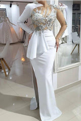 Mermaid One shoulder High split White Illusion neck Wedding Dress-showprettydress