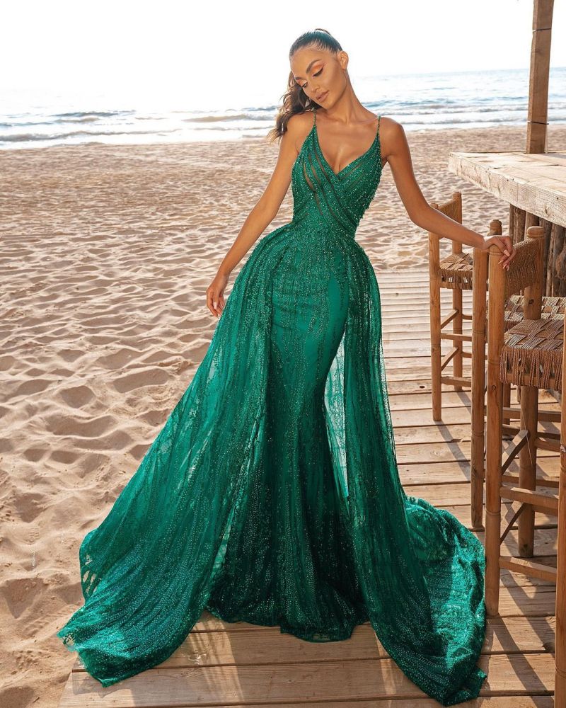 Mermaid Prom Party Dress V-Neck Sequined Evening Gowns Sweep/Trumpet Train-showprettydress