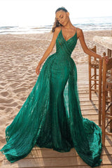 Mermaid Prom Party Dress V-Neck Sequined Evening Gowns Sweep/Trumpet Train-showprettydress