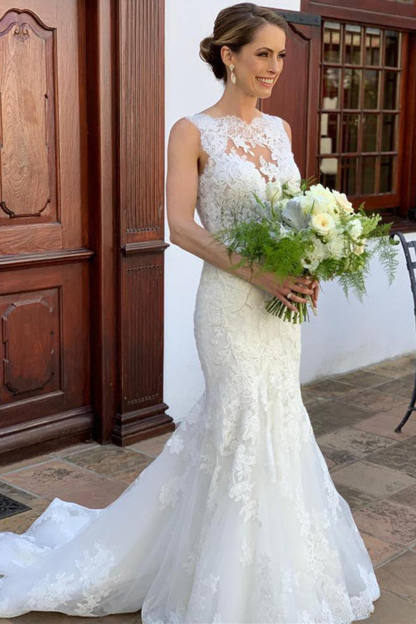 Mermaid Round Collar Floor Length Tulle Applique Wedding Dress-showprettydress