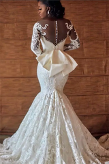 Mermaid Round Collar Long Sleeves Backless Floor Length Charmeuse Applique Wedding Dress-showprettydress