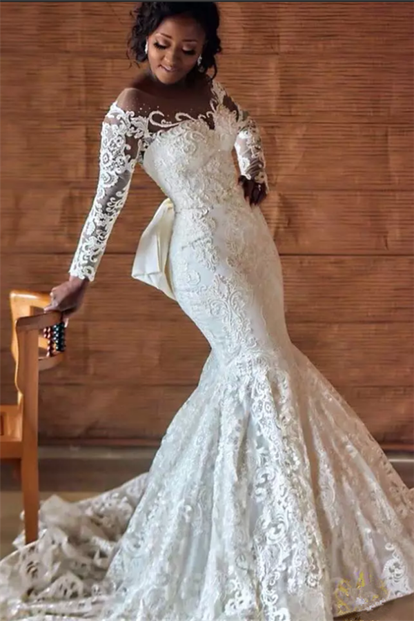 Mermaid Round Collar Long Sleeves Backless Floor Length Charmeuse Applique Wedding Dress-showprettydress
