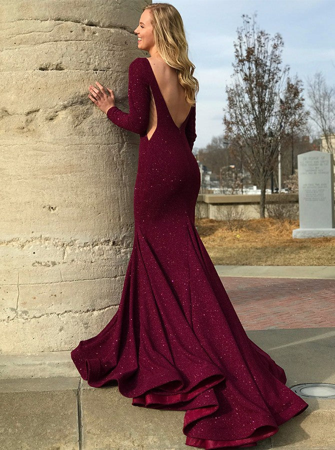 Mermaid Round Collar Long Sleeves Floor Length Court Backless Paillette Evening Dress-showprettydress