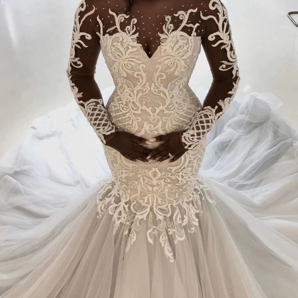 Mermaid Round Collar Long Sleeves Long Train Tulle Applique Wedding Dress-showprettydress