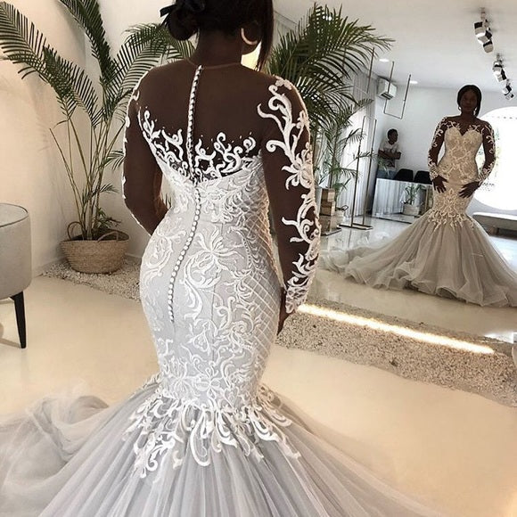 Mermaid Round Collar Long Sleeves Long Train Tulle Applique Wedding Dress-showprettydress
