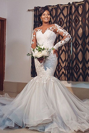 Mermaid Round Collar Long Sleeves Long Train Tulle Applique Wedding Dress-showprettydress