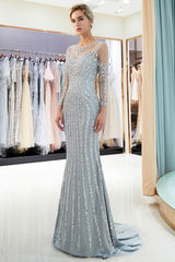 Mermaid Sequined Pattern Long Sleevess Evening Dresses-showprettydress