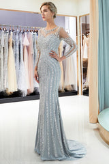 Mermaid Sequined Pattern Long Sleevess Evening Dresses-showprettydress