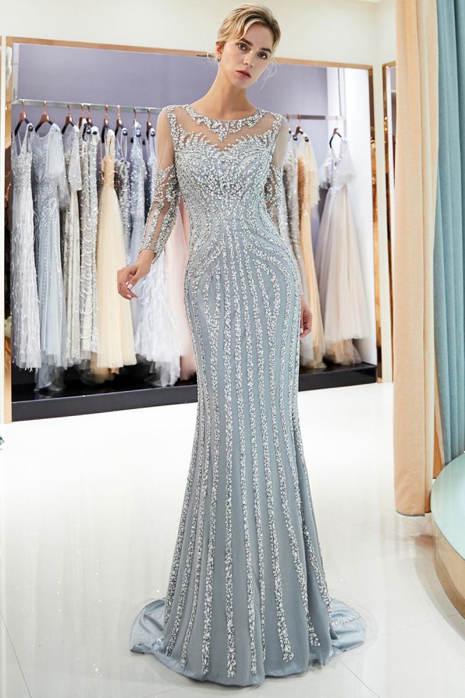 Mermaid Sequined Pattern Long Sleevess Evening Dresses-showprettydress