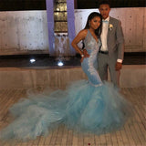 Mermaid Sheer Straps Applique Tulle Chic Prom Dresses-showprettydress