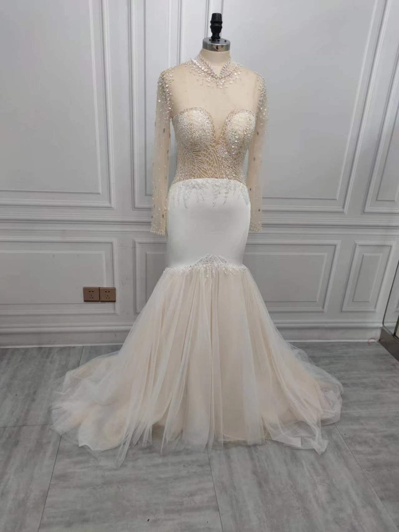 Mermaid Small Round Collar Floor Length Charmeuse Tulle Beaded Wedding Dress-showprettydress