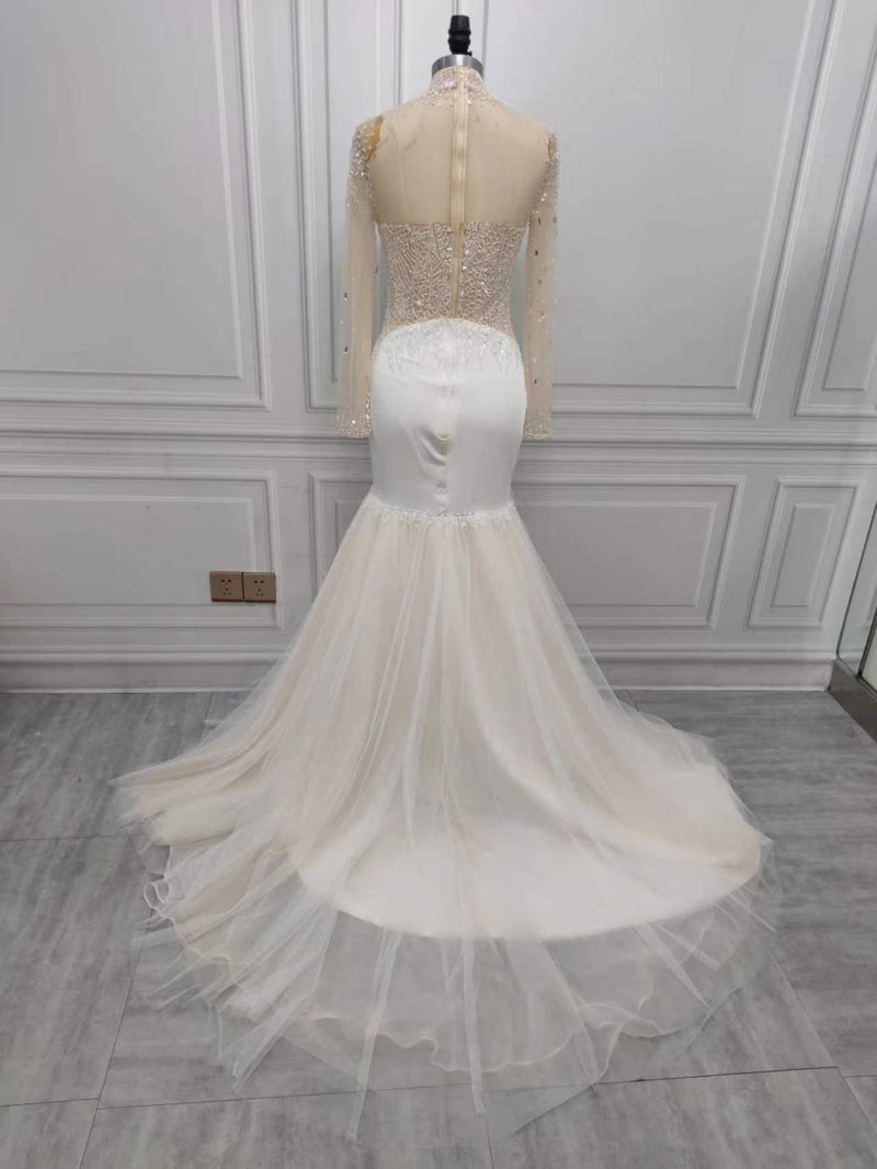 Mermaid Small Round Collar Floor Length Charmeuse Tulle Beaded Wedding Dress-showprettydress