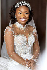 Mermaid Small Round Collar Floor Length Charmeuse Tulle Beaded Wedding Dress-showprettydress