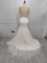 Mermaid Small Round Collar Floor Length Charmeuse Tulle Beaded Wedding Dress-showprettydress