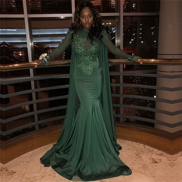 Mermaid Small Round Collar Long Sleeves Floor Length Beaded Applique Prom Dress With Cloak-showprettydress