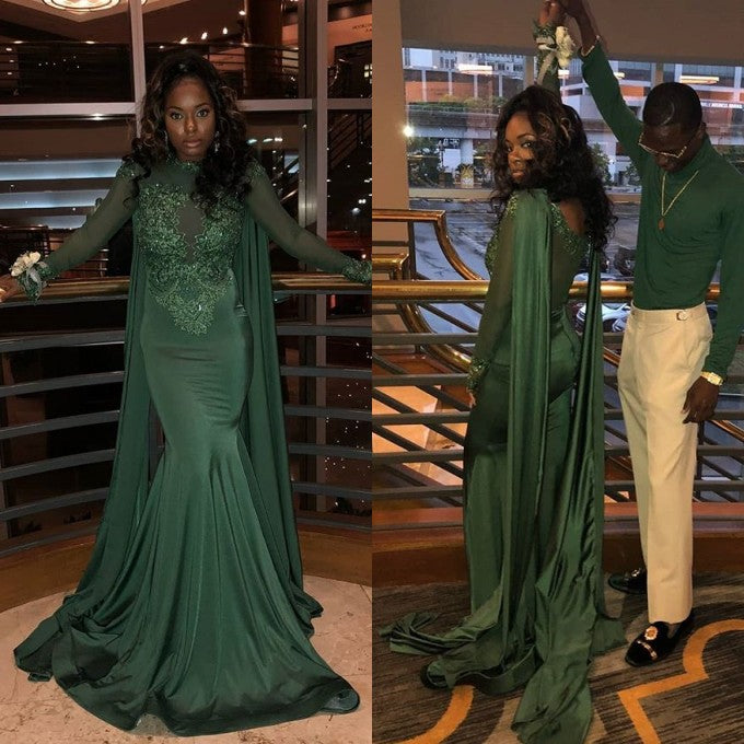 Mermaid Small Round Collar Long Sleeves Floor Length Beaded Applique Prom Dress With Cloak-showprettydress