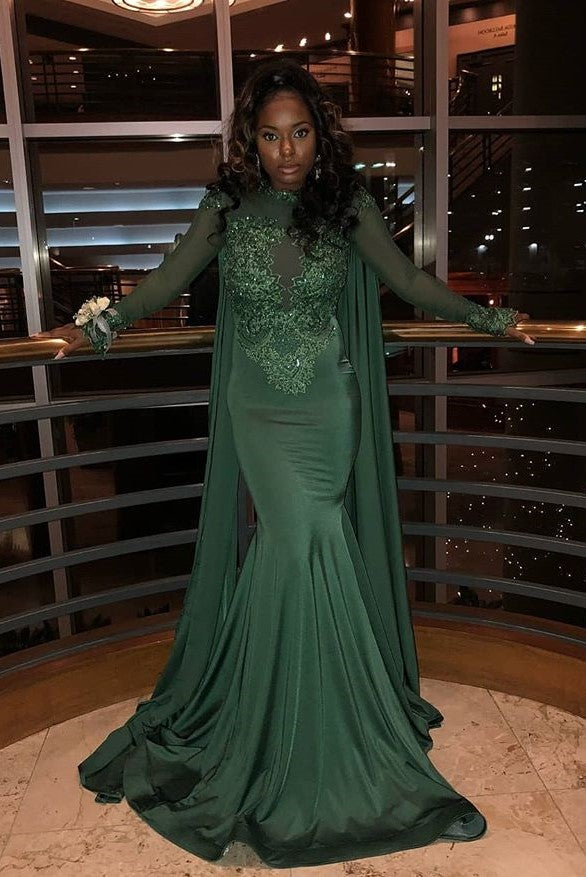 Mermaid Small Round Collar Long Sleeves Floor Length Beaded Applique Prom Dress With Cloak-showprettydress