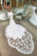 Mermaid Spaghetti Sleeveless Appliqued Lace Court Train Wedding Dresses-showprettydress