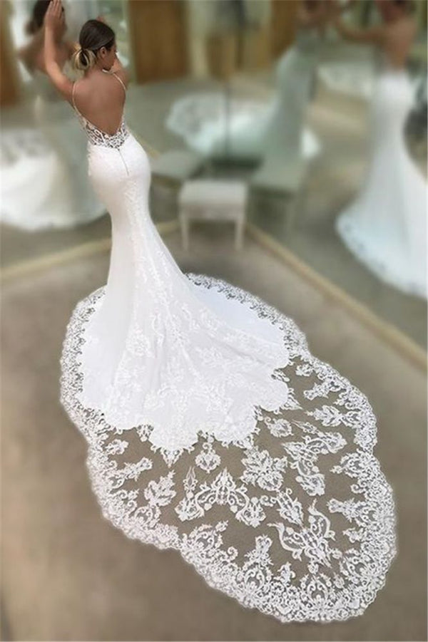 Mermaid Spaghetti Sleeveless Appliqued Lace Court Train Wedding Dresses-showprettydress