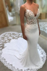 Mermaid Spaghetti Sleeveless Appliqued Lace Court Train Wedding Dresses-showprettydress