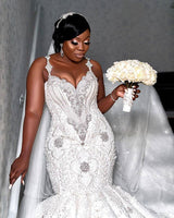 Mermaid Spaghetti Strap Floor Length Organza Beading Applique Wedding Dress-showprettydress
