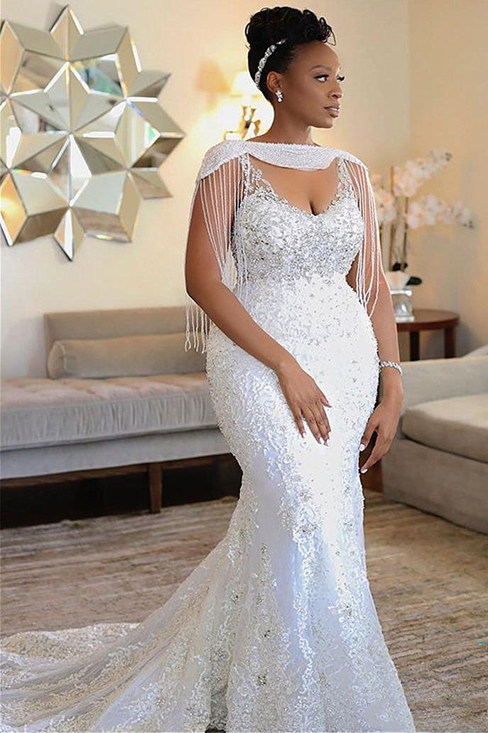 Mermaid Spaghetti Strap Short Train Chiffon Beaded Wedding Dress-showprettydress