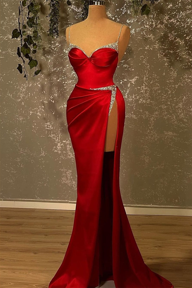 Mermaid Spaghetti strap Sweetheart Floor-length Sleeveless Sequined High Split Prom Dress-showprettydress