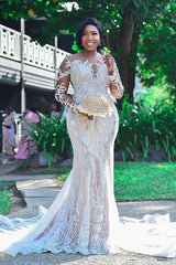 Mermaid Strapless Chapel Train Long Sleeves Tulle Lace Beading Wedding Dress-showprettydress