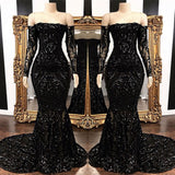 Mermaid Strapless Court Length Long Sleeve Beaded Paillette Embroidery Prom Dress-showprettydress