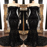 Mermaid Strapless Court Length Long Sleeve Beaded Paillette Embroidery Prom Dress-showprettydress