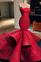 Mermaid Strapless Floor Length Chapel Paillette Prom Dress-showprettydress
