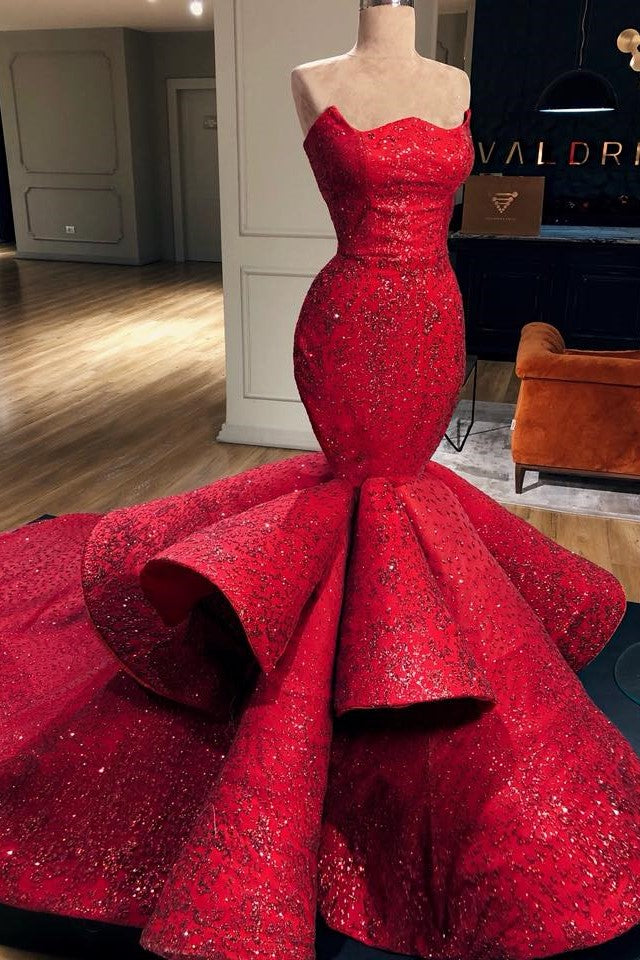Mermaid Strapless Floor Length Chapel Paillette Prom Dress-showprettydress