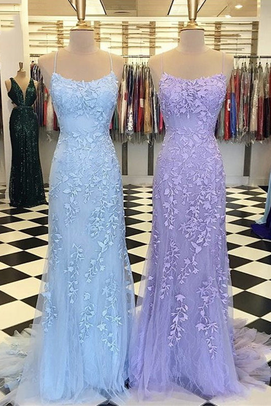 Mermaid Strapless Spaghetti Strap Floor Length Tulle Backless Applique Prom Dress-showprettydress
