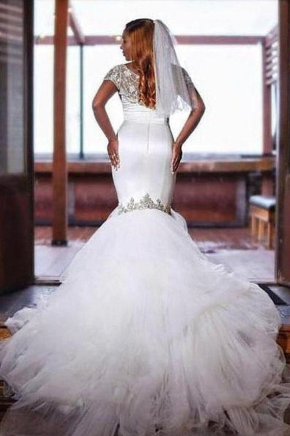 Mermaid Sweetheart Court Train Tulle Lace Beading Wedding Dress-showprettydress