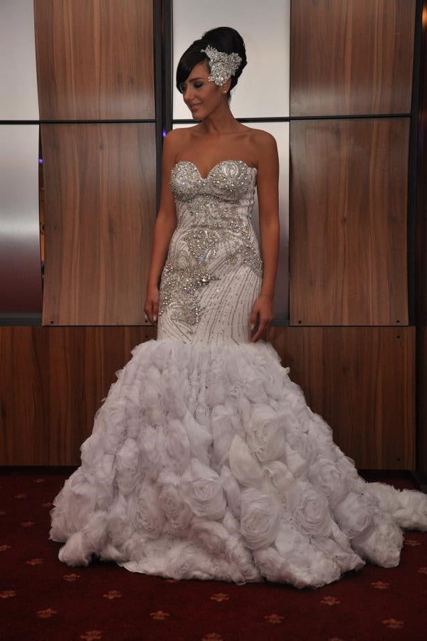 Mermaid Sweetheart Floor Length Court Beaded Handmade Flower Wedding Dress-showprettydress
