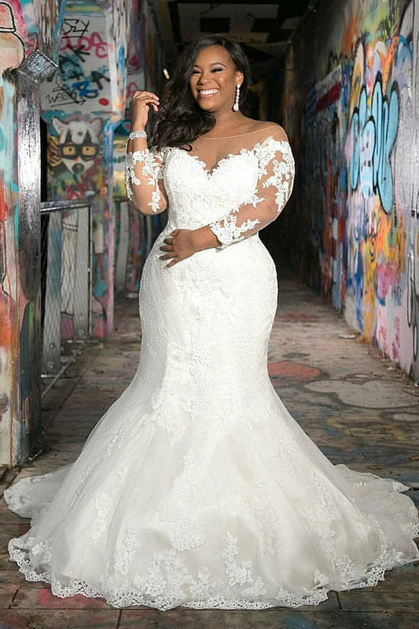 Mermaid Sweetheart Floor Length Long Sleeves Tulle Applique Wedding Dress-showprettydress