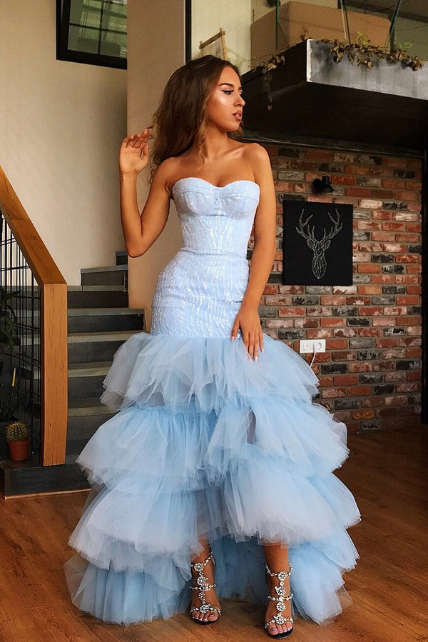 Mermaid Sweetheart Floor Length Tulle Paillette Prom Dress-showprettydress