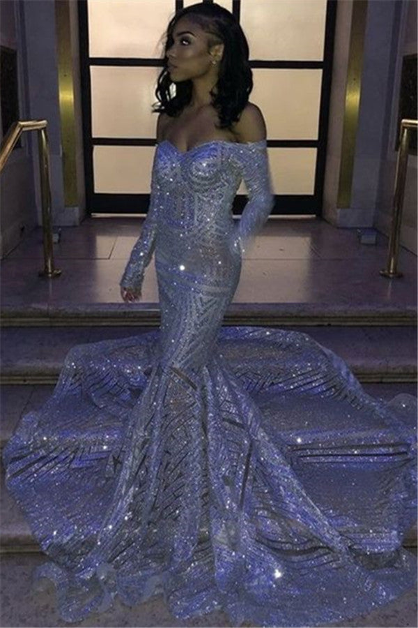Mermaid Sweetheart Long Sleeve Chapel Paillette Hollow Out Prom Dress-showprettydress