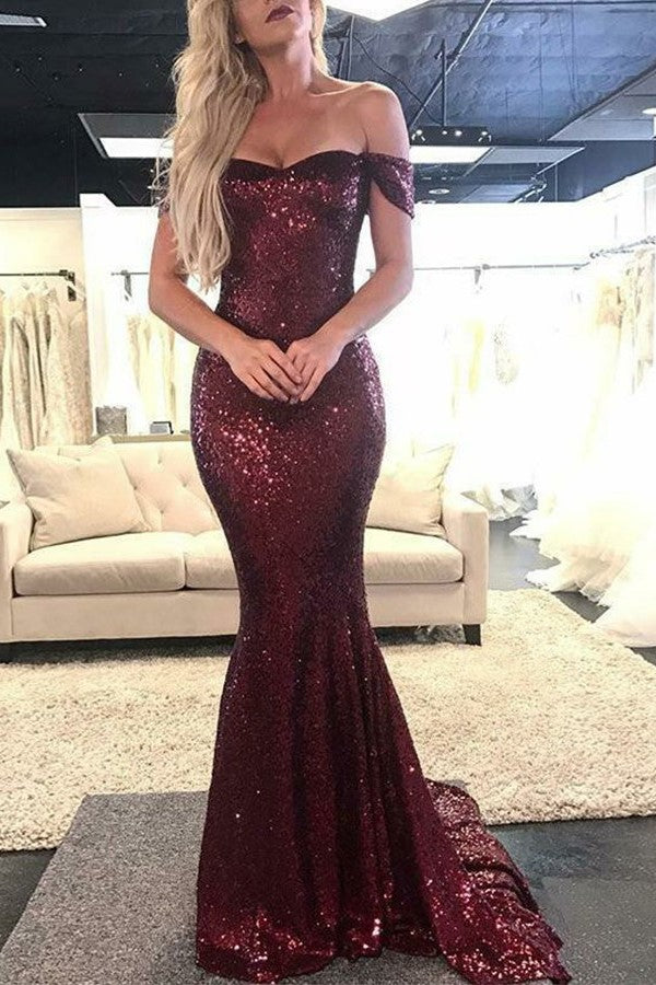 Mermaid Sweetheart Portrait Floor Length Paillette Charmeuse Evening Dress-showprettydress